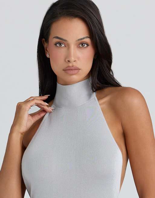 House of CB Nova silver grey halter neck backless maxi dress in grey | ASOS