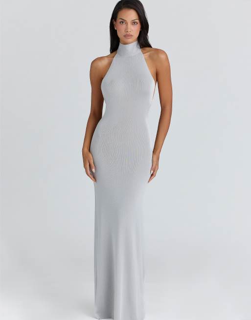 House of CB Nova silver grey halter neck backless maxi dress in grey | ASOS