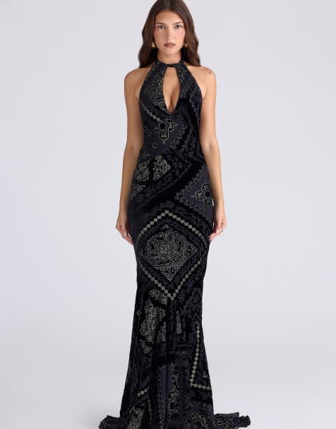 House of CB Oliviana black & gold devore velvet maxi gown in black & gold
