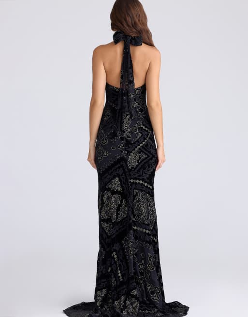House of CB Oliviana black & gold devore velvet maxi gown in black & gold |  ASOS