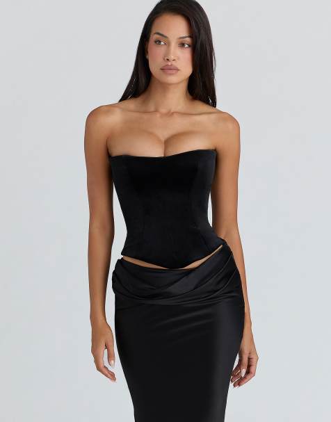 House of CB Omari black velvet sculpting strapless corset top in black - view 1