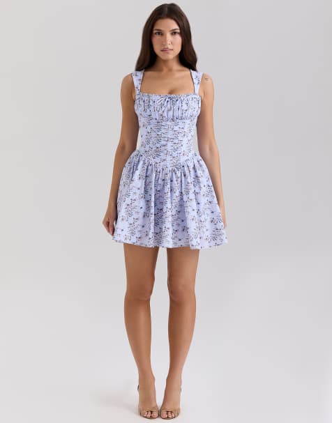 House of CB Ophelia cotton mini dress with bloomers in blue floral print