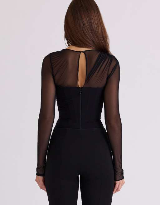 House of CB Orelia black draped mesh bodysuit in black, 2 of 4