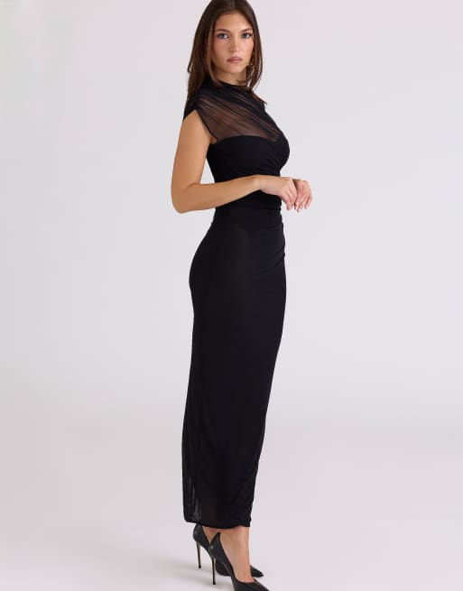 House of CB Orelia black draped mesh maxi dress in black, 2 of 4