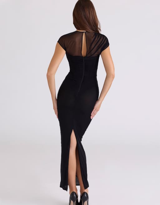 House of CB Orelia black draped mesh maxi dress in black, 3 of 4