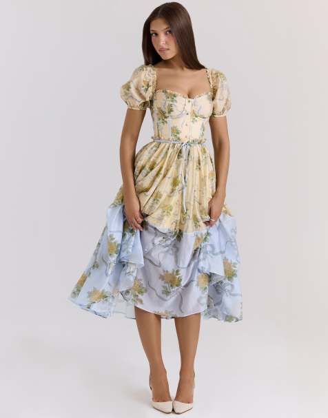 House of CB Penelope chiffon midi dress in lemon vintage rose - view 1