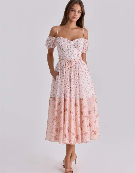 House of CB – Penelope – Midikleid aus Georgette in Weiß mit Rosenmuster und Schleife - view 1