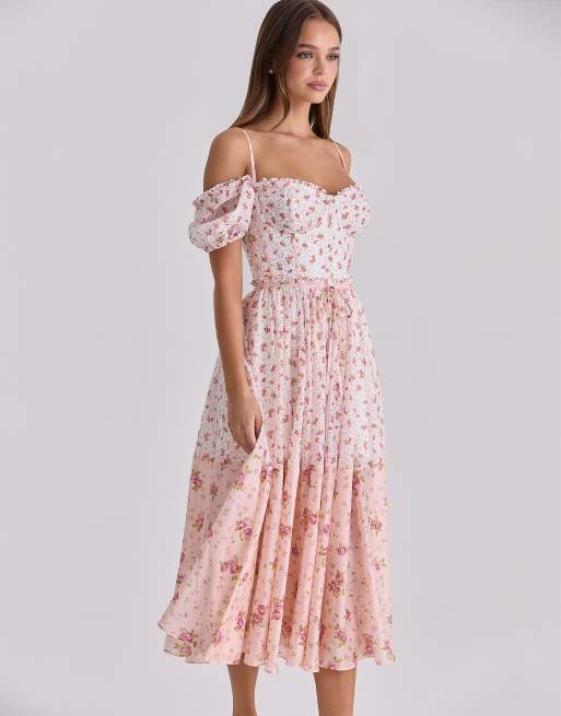 House of CB Penelope robe midi en georgette à ruban, imprimé roses blanches - MULTI, 3 de 4