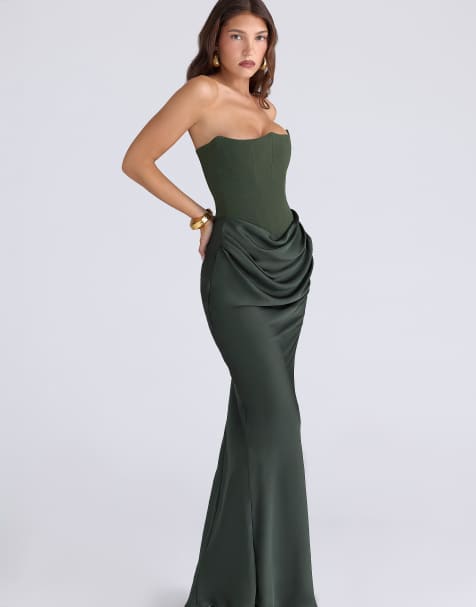 House of CB Persephone forest green crepe strapless corset maxi dress in forest green - view 1