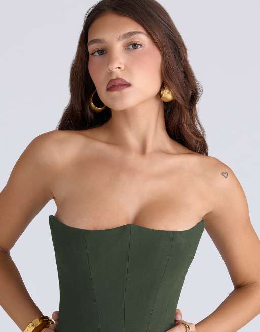 House of CB Persephone forest green crepe strapless corset maxi dress in  forest green | ASOS