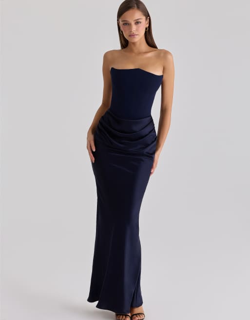 House of CB Persephone navy satin + crepe strapless corset maxi dress in  navy | ASOS