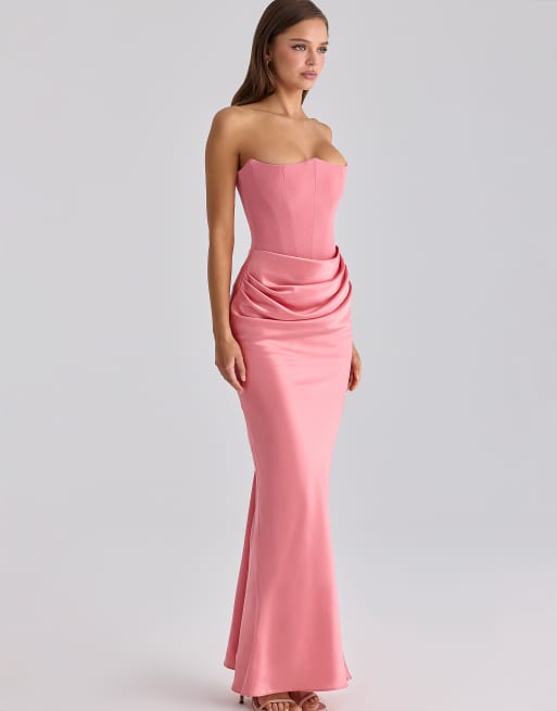House of CB Persephone raspberry satin + crepe strapless corset maxi dress in raspberry - PEACH, 4 of 4
