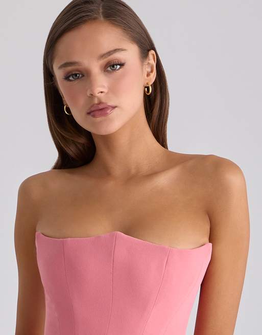House of CB Persephone raspberry satin + crepe strapless corset maxi dress  in raspberry | ASOS