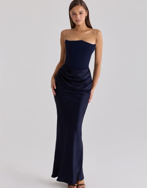 House of CB - Persephone - Vestito lungo a corsetto senza spalline in raso e crêpe blu navy - view 1