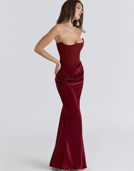 House of CB Persephone wine strapless corset maxi dress in wine