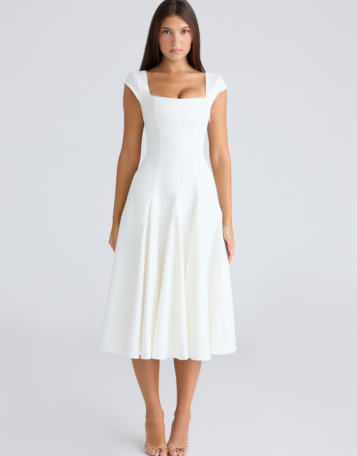 House of CB Raisa white square neck twill midi dress in white