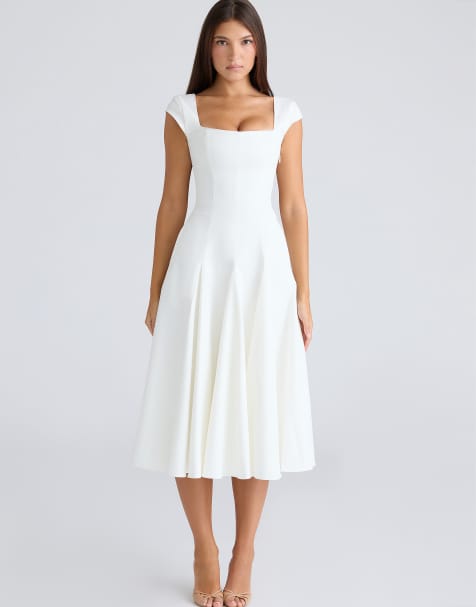 House of CB Raisa white square neck twill midi dress in white