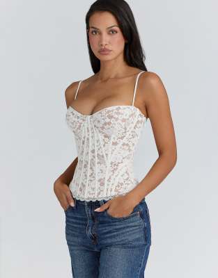 House of CB - Rania - Top corset structuré en dentelle à fleurs - Blanc