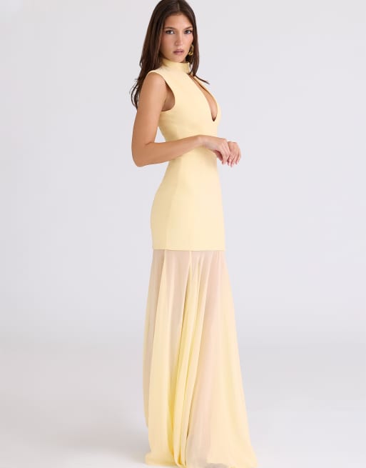 House of CB Raphaella abito maxi in crêpe e chiffon giallo burro, 4 di 4