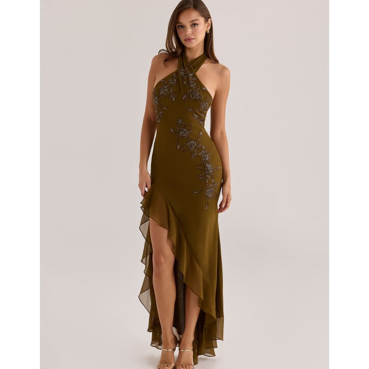 house of cb sage green dress Raquel georgette hand embellished halter maxi in sage stickers:WK39-Flash