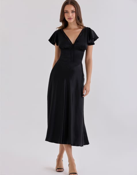 House of CB Ravella black real silk v-neck midi tea dress in black