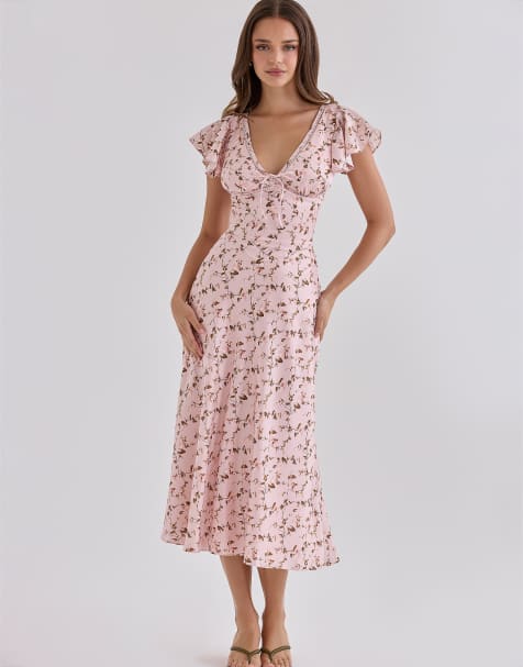 House of CB Raye vintage floral print pink satin v-neck midi tea dress in vintage floral print pink - view 1
