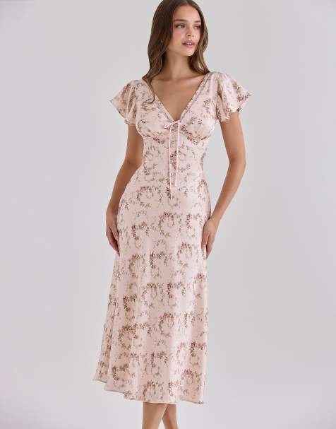 House of CB Raye vintage rose floral print satin v-neck midi tea dress in vintage rose floral print - view 1
