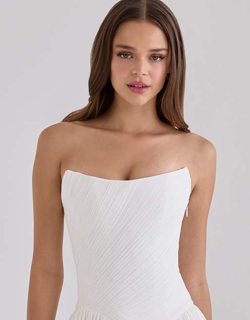 House of CB Renata white chiffon micro pleat strapless corset top in white, 3 of 4