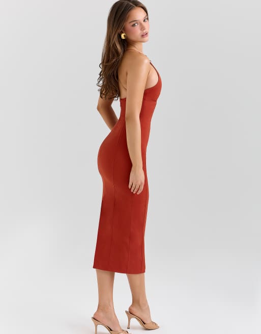 House of CB Ria terracotta stretch cotton fitted midi dress in terracotta |  ASOS