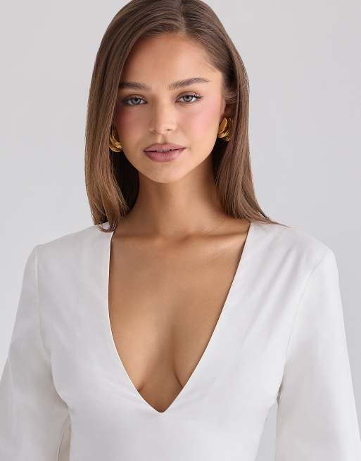 House of CB - Robe courte en coton à manches cloche - Blanc, 3 de 4
