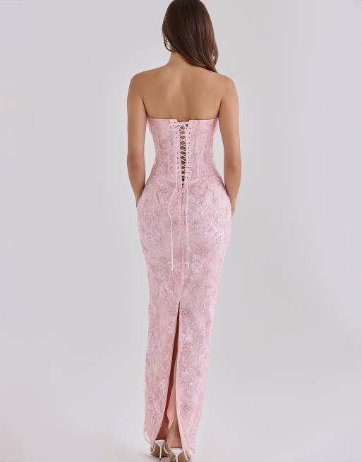 House of CB robe longue bustier ornée de perles cousues à la main rose, 2 de 4