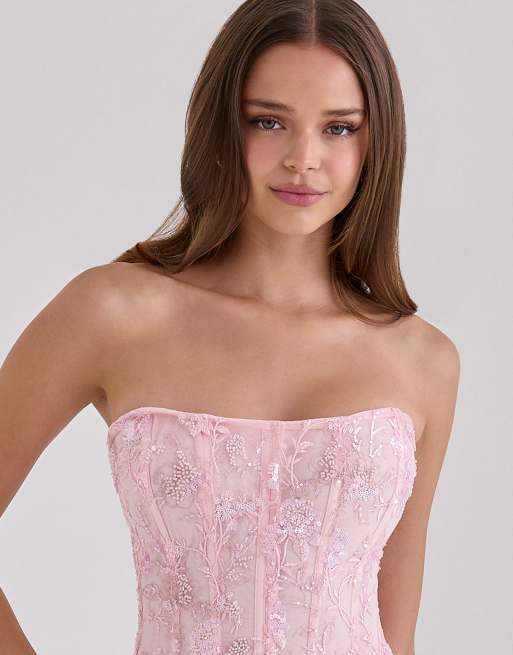 House of CB robe longue bustier ornée de perles cousues à la main rose, 3 de 4