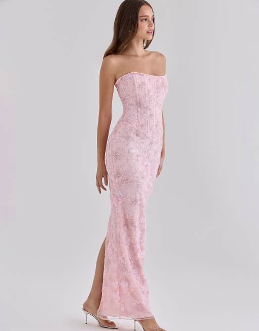 House of CB robe longue bustier ornée de perles cousues à la main rose, 4 de 4