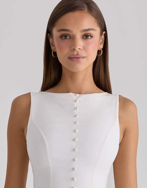 House of CB robe longue en coton blanche à encolure bateau et boutonnage devant - blanc, 3 de 4