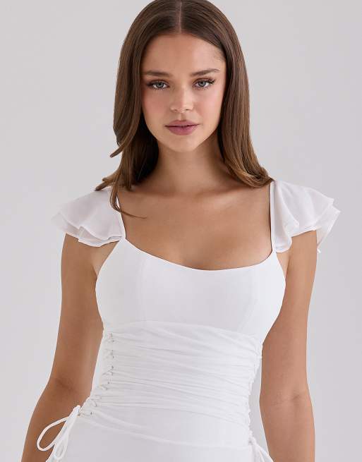 House of CB robe longue en georgette à manches volantées blanche, 3 de 4