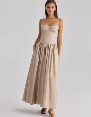 Rona - Baumwoll-Maxikleid in Taupe mit Korsettdetail-Weiß Weiß XL A-C Cup