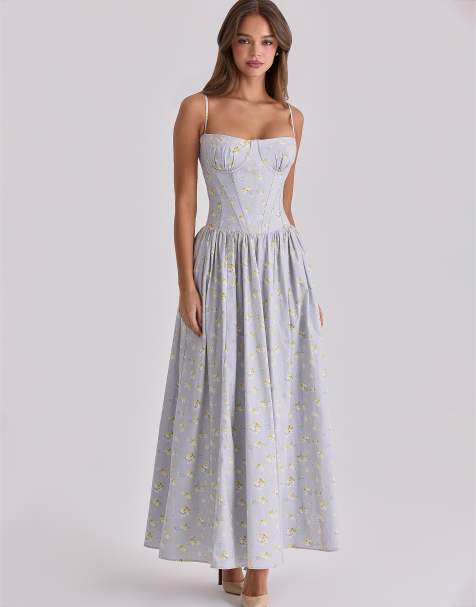 House of CB - Rona - Katoenen maxi jurk met veters en wilde bloemenprint in blauw - view 1