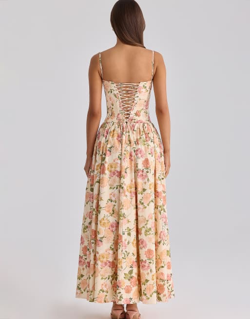 House of CB - Rona - Vestido largo con estampado de rosas cálidas de algodón, 2 de 4