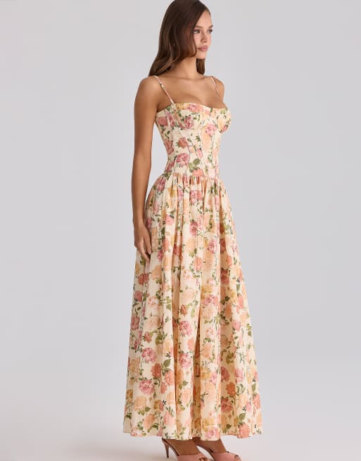 House of CB - Rona - Vestido largo con estampado de rosas cálidas de algodón, 3 de 4
