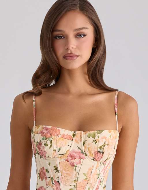House of CB - Rona - Vestido largo con estampado de rosas cálidas de algodón, 4 de 4