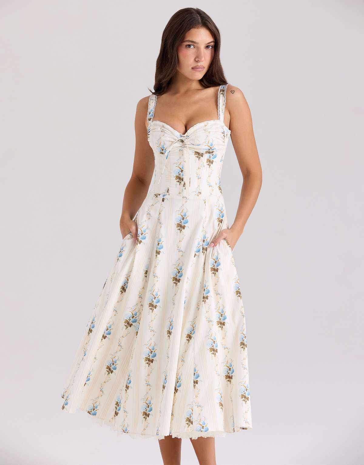 House of CB Rosalee cotton corset midi dress in cream floral print