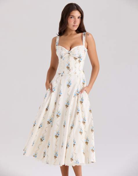 House of CB Rosalee cotton corset midi dress in cream floral print