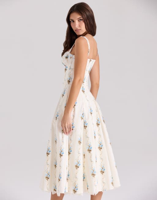 House of CB Rosalee cotton corset midi dress in cream floral print | ASOS