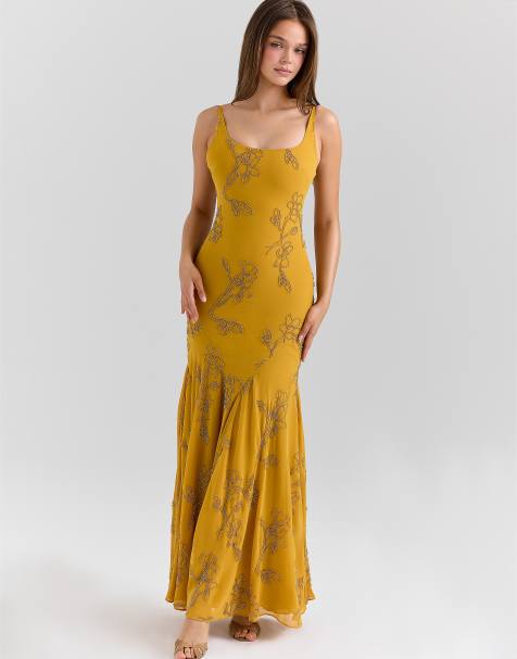 House of CB Rosalia gold embellished hand beaded maxi dress in gold