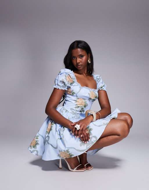House of CB Rosie rose print cotton mini dress in blue