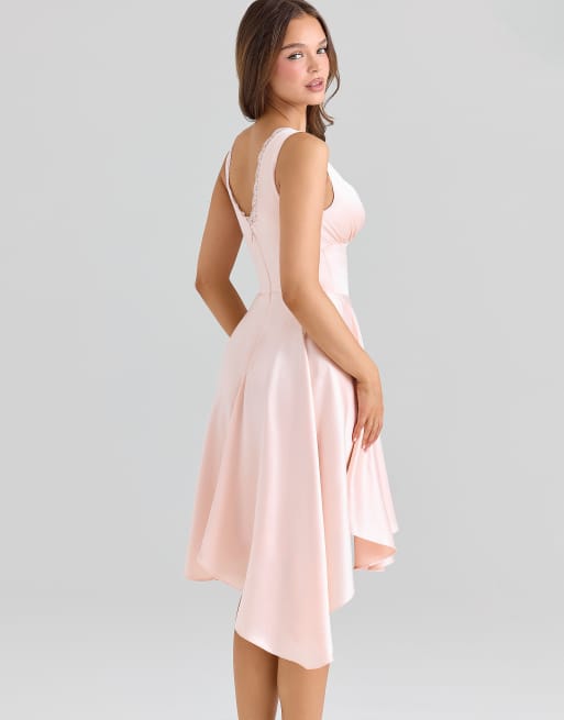 House of CB Sabella pink satin asymmetric handkerchief hem midi dress in pink
