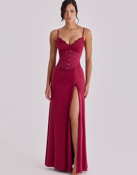 House of CB Sabrine wine lace trim maxi dress + corset in wine - view 1