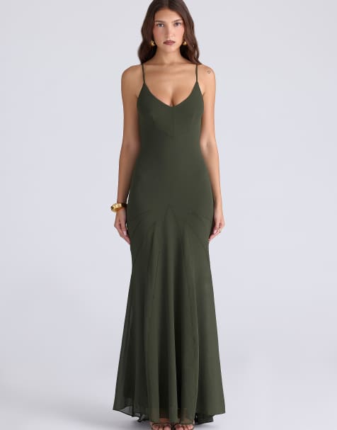 House of CB Sacha forest green georgette panelled maxi dress in forest green