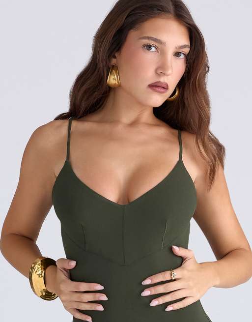 House of CB Sacha forest green georgette panelled maxi dress in forest green  | ASOS
