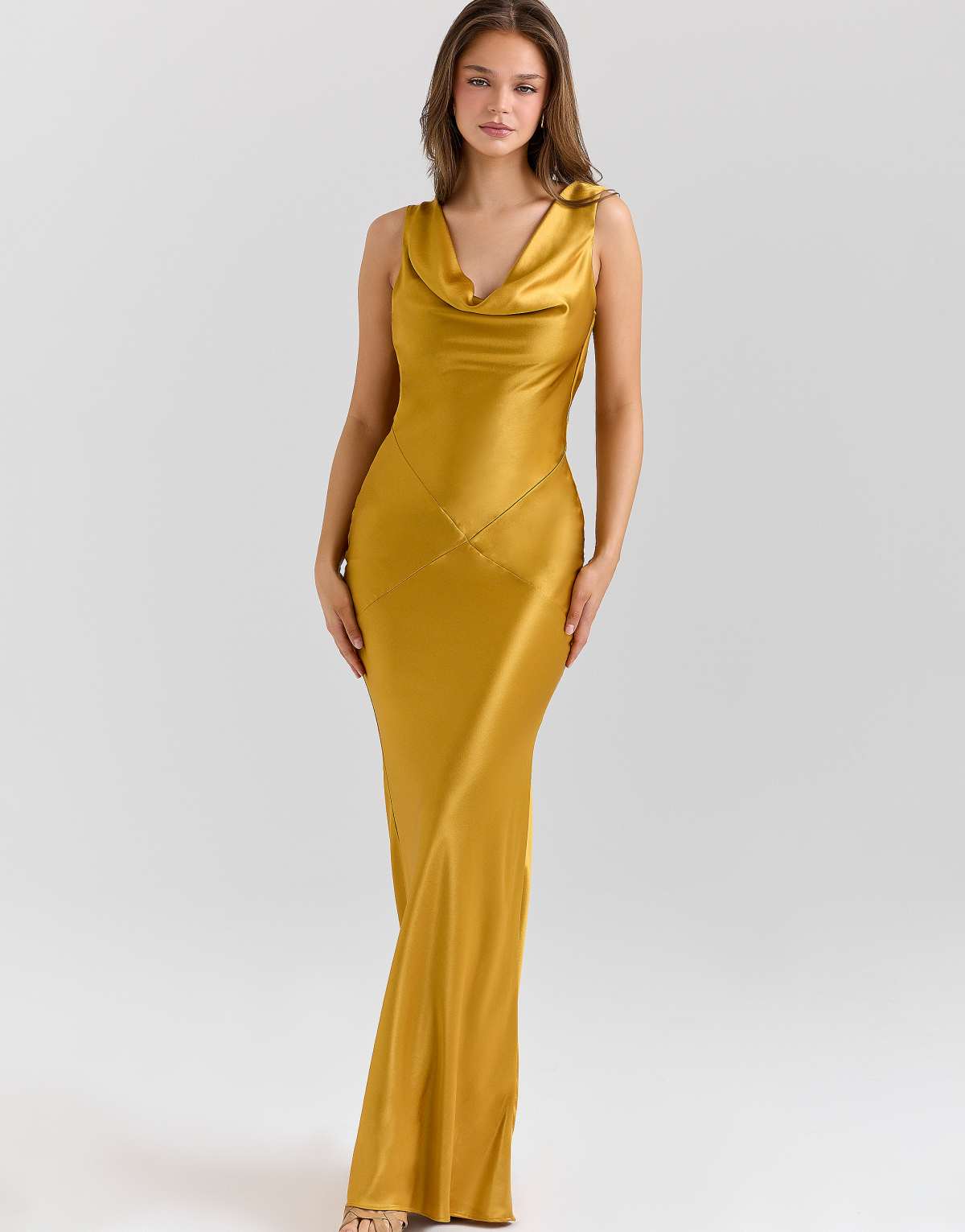 House of CB Safaira amber satin draped cowl neck maxi dress in amber
